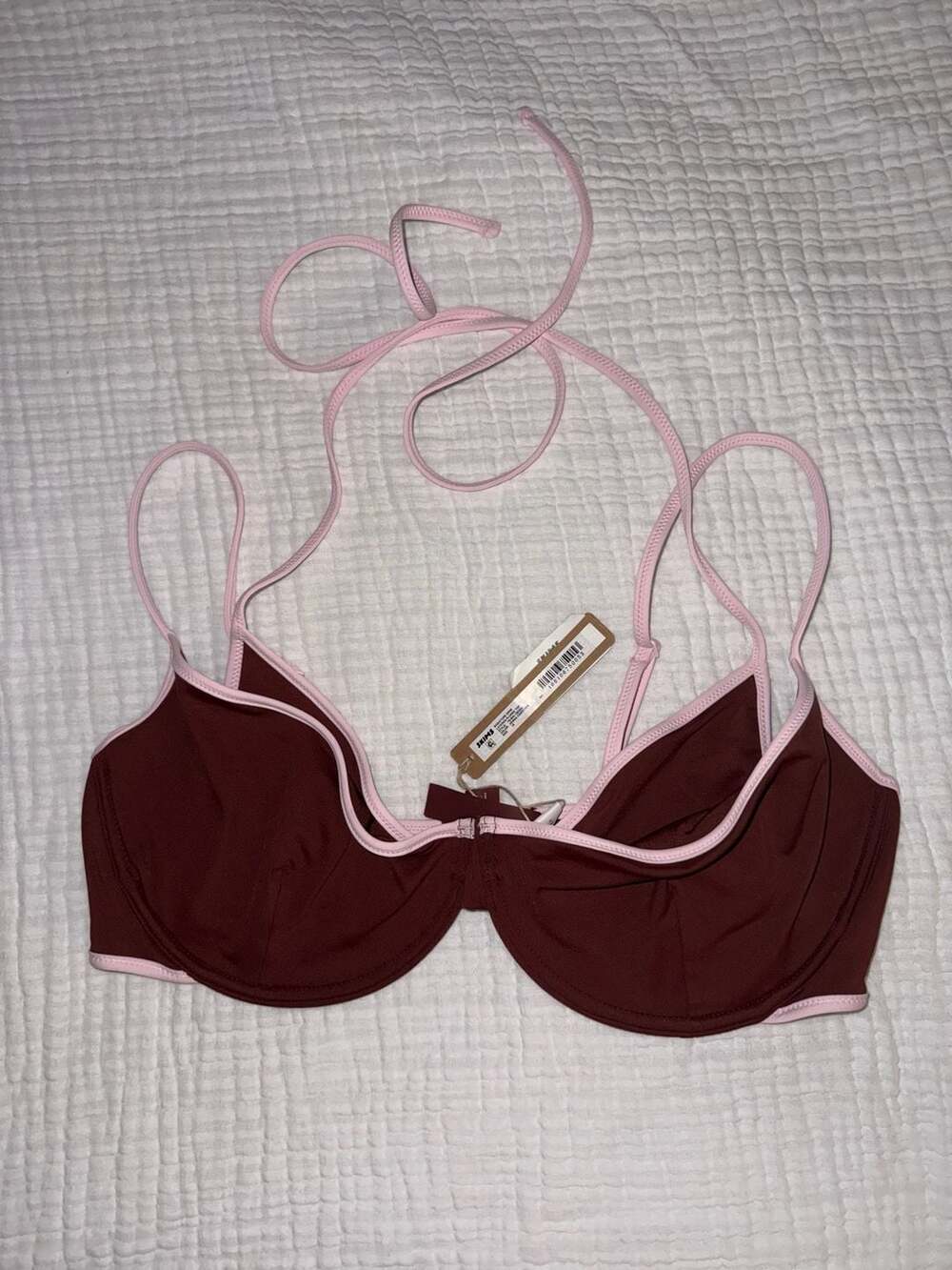 SKIMS Signature Swim Layered Plunge Bikini Top Henna Contrast Size 16 NWT